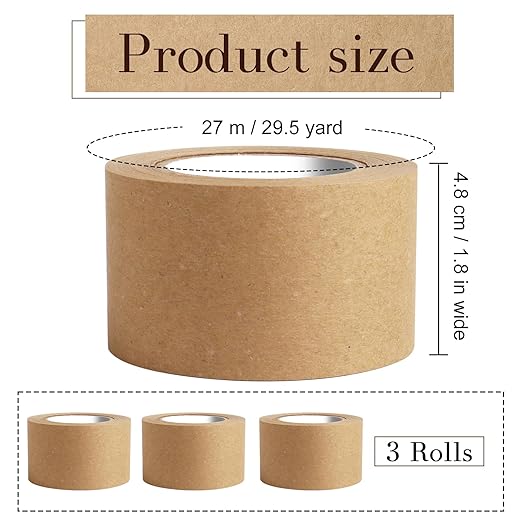 3 Pack Brown Packing Tape,Water Activated Tape Brown Paper Tape for Shipping, Storage, Crafts(48 mm x 88.5 Yard)