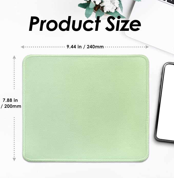 FROGIGO Mouse Pad with Stitched Edges - Solid Color Mousepad for Women, 9.25 x 7.75 inch Washable Square Desk Pad, Non-Slip Rubber Base, Office Home Laptop Accessories - Sage Green