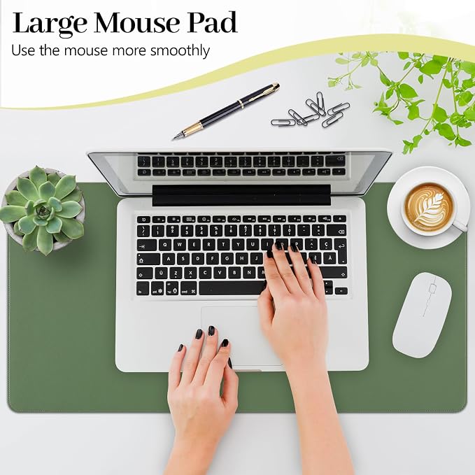 Green Leather Desk Pad Large Mouse Pad, 23.6"x13.8" | Waterproof Desk Mat for Keyboard and Mouse, Non-Slip Computer Desk Protector, Smooth Mouse Control for Home Office