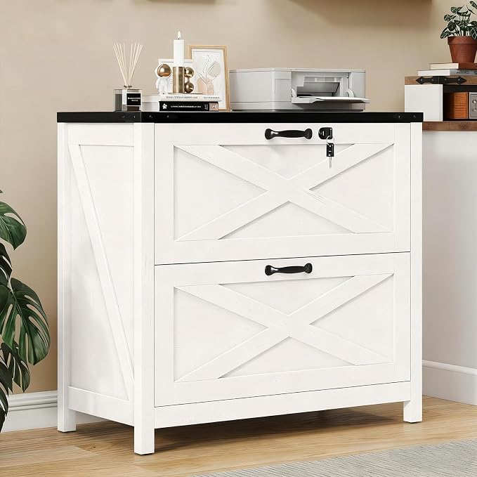 Befrases Farmhouse File Cabinet, Lateral Filing Cabinet with 2 Drawers with Lock for Letter/A4 Size Hanging Files, Large Wooden Printer Stand File Storage Cabinet for Home Office, White and Black