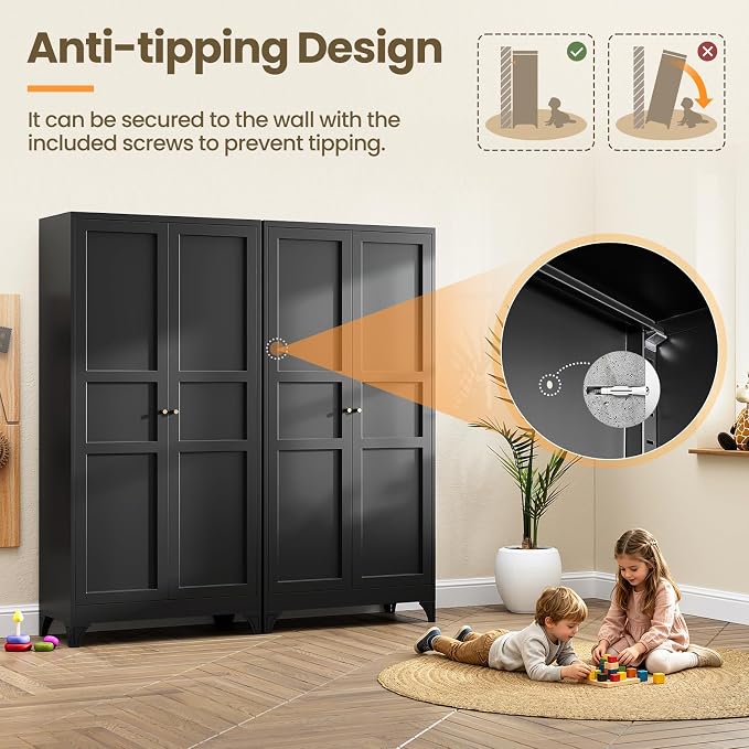 Metal Storage Cabinet with 2 Doors and 4 Adjustable Shelves,- 72" Black Kitchen Pantry Storage Cabinet for Kitchen,Living Room,Dining Room
