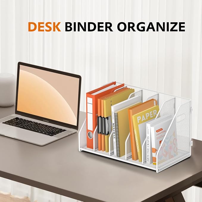 Binder Organizer, Magazine File Holder with 5 Vertical Rack, White | Metal Desk File Organizer & Binder Holders, Magazine Organizers for Office Desktop, Home, School, Classroom
