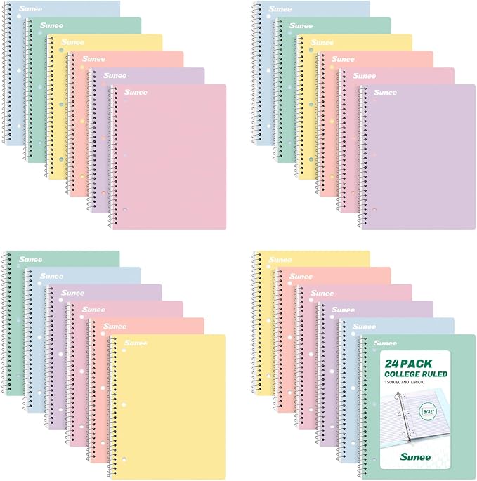 SUNEE Spiral Notebooks, 24 Pack, 1-Subject, College Ruled Paper, 8" x 10-1/2", 70 Sheets per Notebook, Assorted Pastel Colors Spiral Notebooks for School