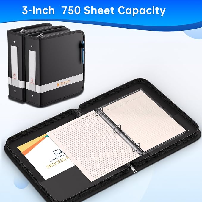 ENGPOW 3 Ring Binder,Fireproof 3 Inch D Ring Binder with Zipper,Holds 750 Sheets,Non-Stick,PVC-Free,Compatible with Clear Sheet Protectors,Portable School Office Home Safe Storage for Paper,Black