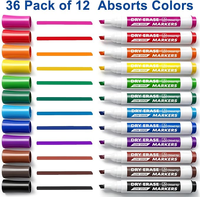 Dry Erase Markers with Eraser, 36 Count Chisel Tip Whiteboard Markers | 12 Assorted Colors, Low Odor, Non-Toxic, Quick-Dry Ink, for Office, Classroom, Back-to-School Supply