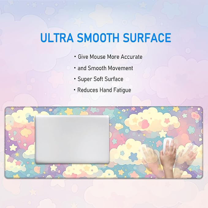 Cute Large Mousepad,Colorful Clouds and Stars Mouse Mat,31.5 x 12 in | Extended Pastel Pink Kawaii Women Office Desk Decor Mat,Girly Dreamy Mouse Pad for Work Game Office and Home,80x30 cm