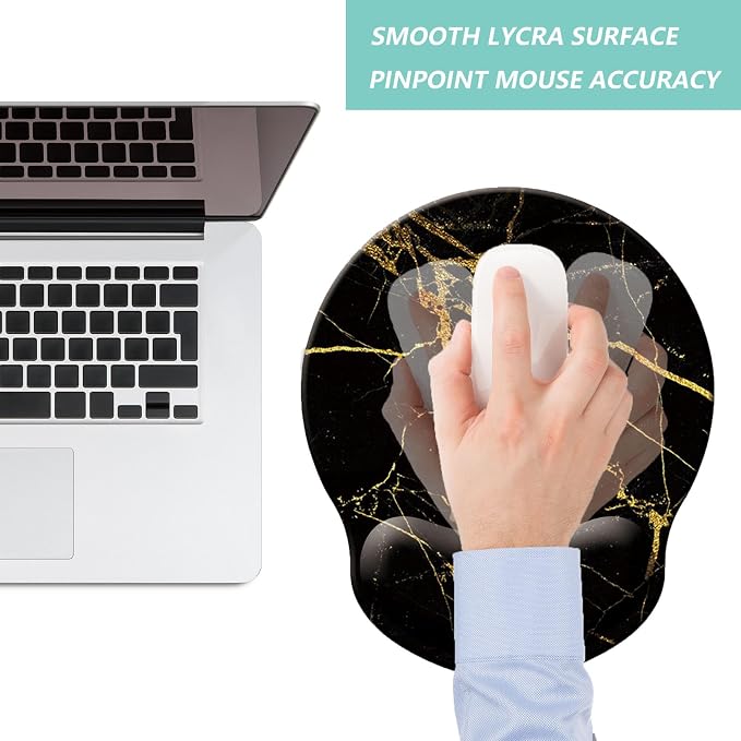 Mouse Pad with Wrist Support, Ergonomic Mouse Pad with Memory Foam Wrist Rest Cushion, Non-Slip Rubber Base Gaming Mice Pad for Home Office Computer Laptop, Black Golden Marble