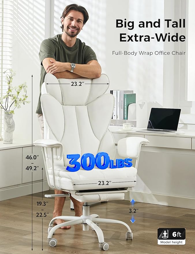 Big and Tall Office Desk Chair -Wide Ergonomic Executive with Footrest, High Back Lumbar Support Reclining Gaming Computer Chair for Heavy People (White)