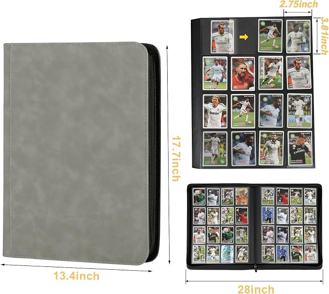 16 Pocket Ringless Side Loading Trading Card Binder, 1024 Cards PU Fixed Page Zipper Card Album for TCG Sports Game Cards, Not Fit Top Loaders (Marble Grey)