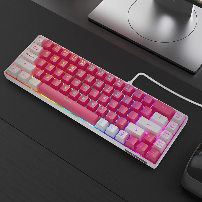 GEODMAER 65% Gaming Keyboard, LED Backlit Mini Wired Keyboard, Ultra-Compact Anti-Ghosting No-Conflict 68 Keys Membrane Gaming Wired Keyboard for PC Laptop Windows Gamer(Pink-White)