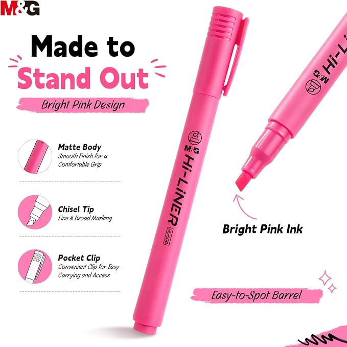 M&G Liner Highlighters, 12-Count Pack Pink Highlighters, Chisel Tip No Bleed Highlighter Pens for Office Documents, Planning, and Everyday Organization