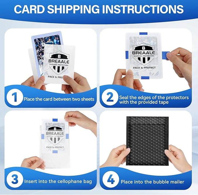 Trading Card Shipping Kit, Includes 100 3.5" x 4.5" Card Shipping Protectors, 50 Envelope Bubble Mailers, 50 Self-Seal Poly Bags, 20M Painter’s Tape for Raw Cards, Toploaders & TCG Singles