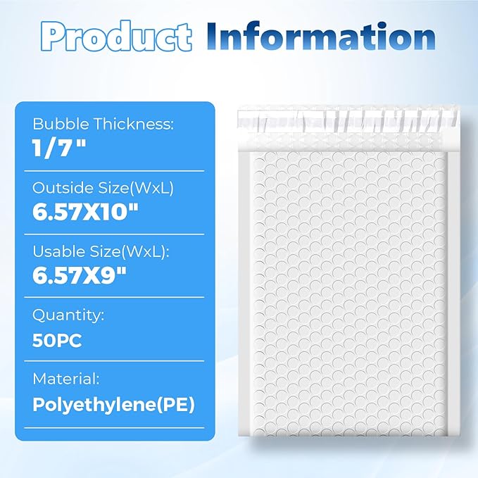 Metronic Bubble Mailers 6.57x10" 50 Pack Padded Envelopes with 1/7" Thickened Bubble Waterproof Mailing Envelopes Usable Size 6.57x9" Shipping Bag for Fragile Products, 6x9 Items,Small Business, White