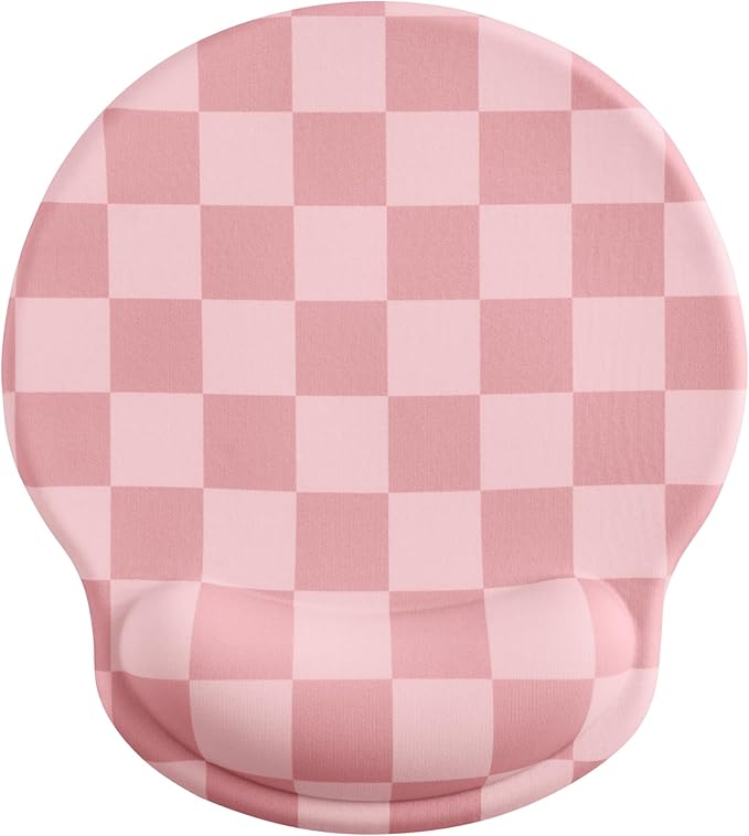 Coral Pink Checkered Mouse Pad with Gel Wrist Rest, Wrist Support, Ergonomic Desk Accessories for Women, Office Laptop Gaming Decor, Cute Aesthetic Check Design