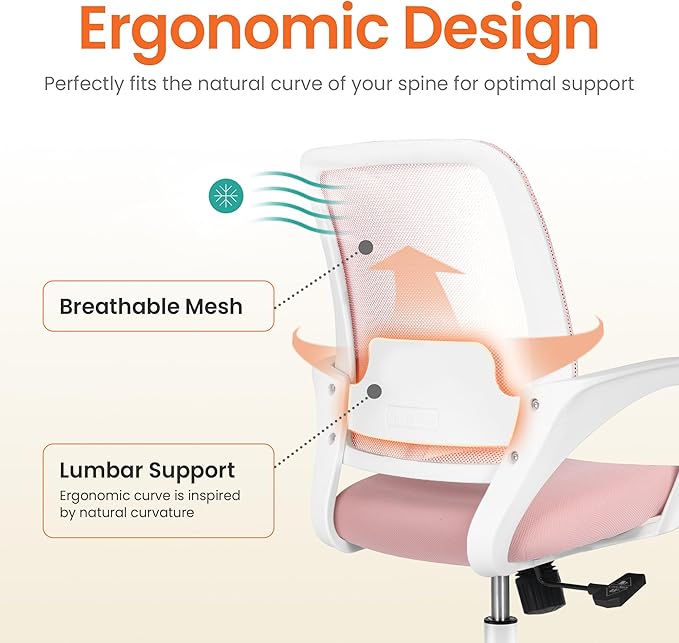 NEO Chair Office Desk Ergonomic Mesh Computer Chair with Lumbar Support Adjustable Height Swivel Rolling Wheels Comfy Mid Back Task Chair for Home Bedroom Vanity Study (Pastel Pink)