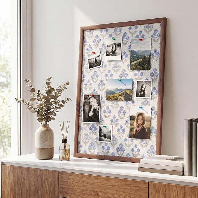 Leinuosen 17 x 23 Cork Board for Walls Decorative Floral Cork Boards with Blue Flower Small Linen Bulletin Board Framed with Pins for Home Room School Office Decor