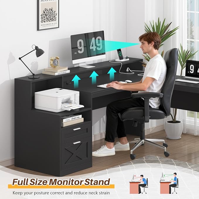 63" Farmhouse L Shaped Desk with Drawers & Storage Shelves for Home Office | Corner Desk with Power Outlets & LED Lights, L-Shaped Office Desks with File Drawer, Printer Shelf, Monitor Stand, Black