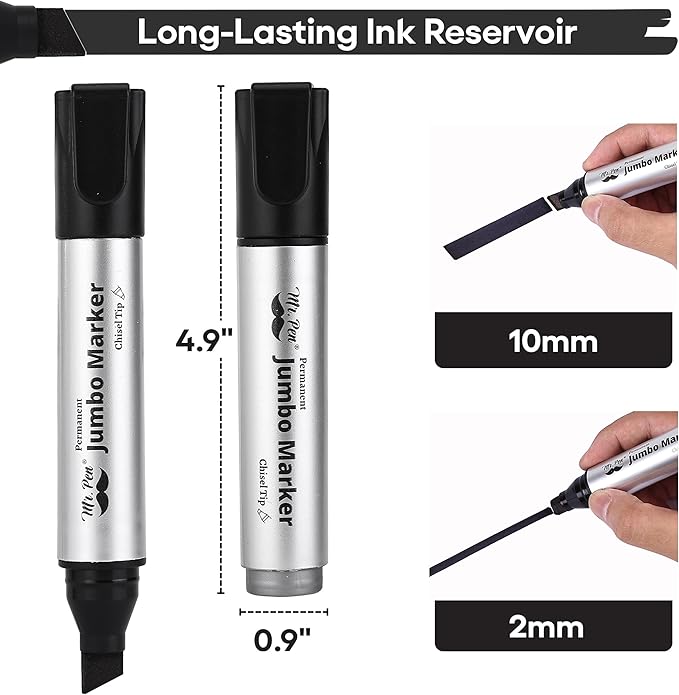 Mr. Pen- Jumbo Permanent Markers, 4 Pack, Chisel Tip, Black, Thick, Large, Wide Tip