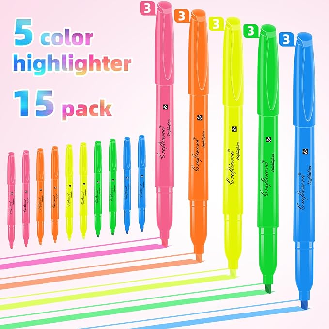 Assorted Colors Fluorescent Highlighters, 15 Count, with 120 Pcs Sticky Index Tabs, Chisel Tip Colored Highlighter Bulk, Quick Drying, Perfect for Students Adults Classroom, School, Office