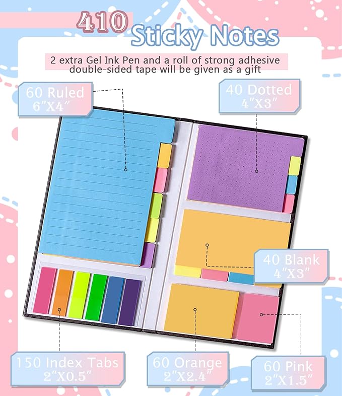 Sticky Notes Set Tabs, 410 Pack, Divider Sticky Notes Office Supplies, Planner Sticky Notes, Sticky Note Dividers Tabs Back to School Supplies