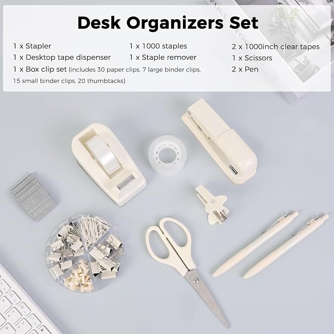 SKYDUE Office Supplies Set, Stapler and Tape Dispenser Set,10PCS | Desk Accessories Kit with Stapler, Tape Dispenser, Scissors, Clips & Staple Remover, for Home Office, School
