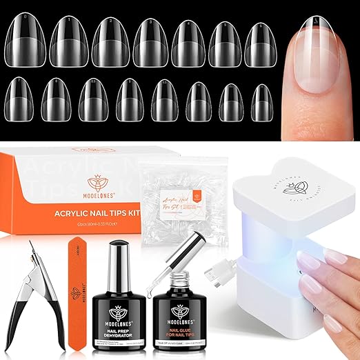 modelones X Nail Gel Kit Almond,15Sizes Fake Nails 510Pcs, 9-in-One Glue Prep Dehydrator & Portable Mini U V Light Acrylic Clipper, Extra Short Almond Press on Tips Extension Kit