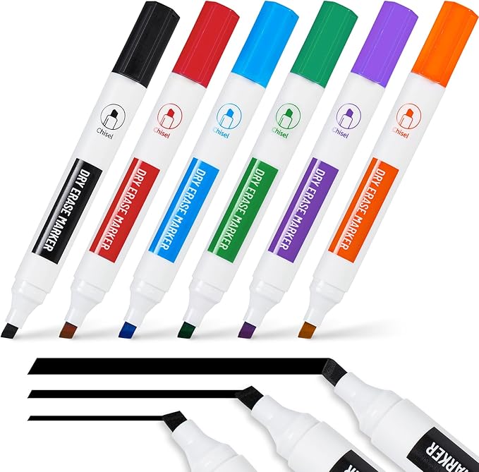 Sooez Dry Erase Markers, Low Odor Whiteboard Markers with Chisel Tip, Assorted Colors 6 Count, Vibrant & Long-Lasting Ink. Intended for Teens & Adults, Not Intended for Children