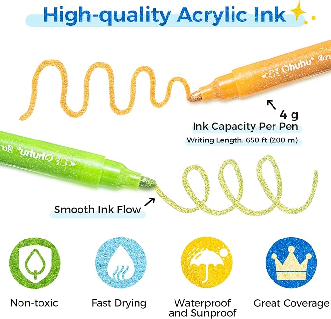Ohuhu Acrylic Glitter Markers 24 Colors Fine Tip for Painting Coloring | AP Certified Glitter Paint Pens for Fine Details & Shimmer Accents, Water-Based & Quick Dry Ink for Crafts - Medium Tip 3mm
