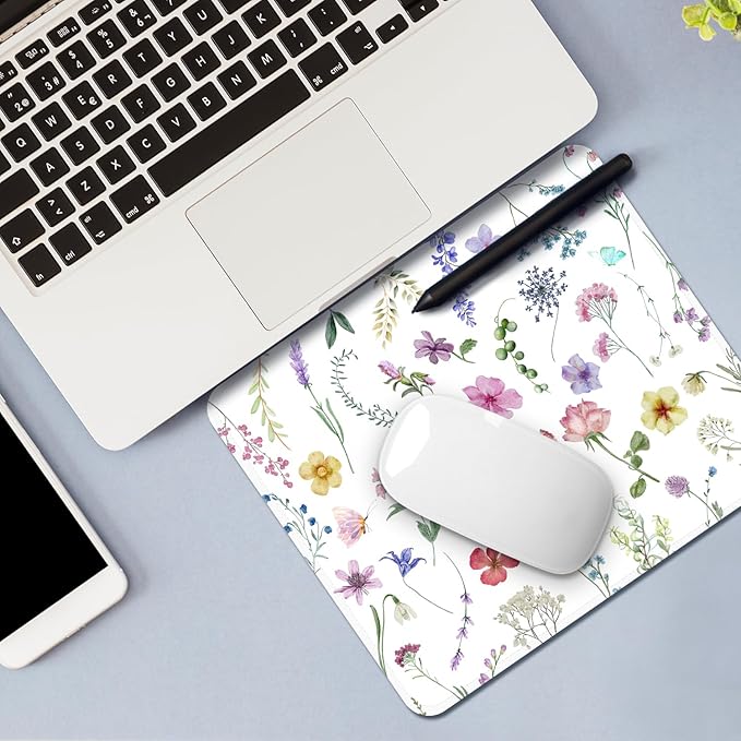 Mouse Pad with Stitched Edges - Watercolor Floral Mousepad for Women, 9.25 x 7.75 inch Washable Square Desk Pad, Non-Slip Rubber Base, Office Home Laptop Accessories - Watercolor Wildflowers