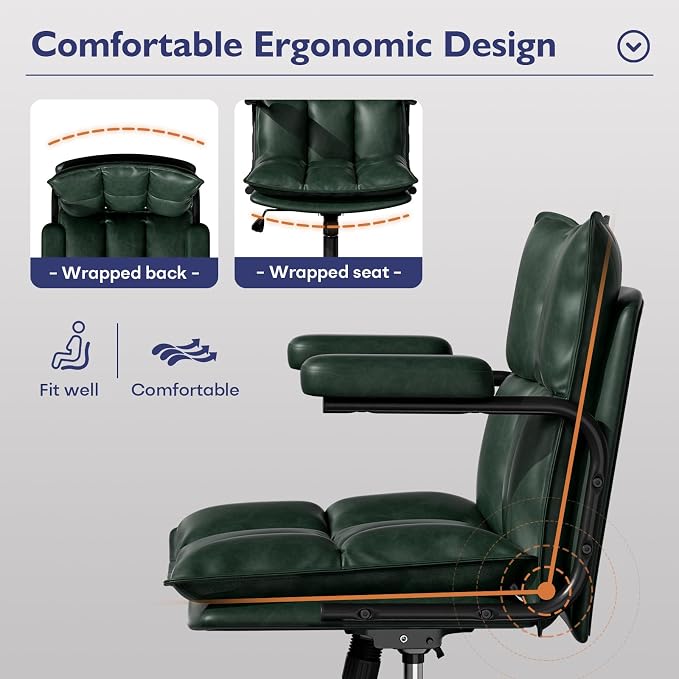 Mid Century Modern Desk Chair, Vintage Leather Office Chair, Green | Petite Computer Chair for Small to Medium Women, Thickened Back, Cozy Seat, Adjustable Height for Home