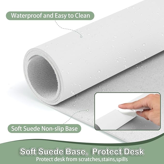 Boutilon Leather Desk Pad Protector,Non-Slip Mouse Pad,Laptop Desk Pad,Office Mouse Mat,Waterproof Leather Desk Blotter,Desk Writing Pad for Office and Home (XL-White,35.4"x 15.7")