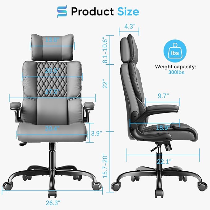 Sytas Executive Office Ergonomic Chair with Adjustable Headrest, PU Leather Desk Chair, High-Back Swivel Task Chair for Home Office, 135° Reclining, Gray