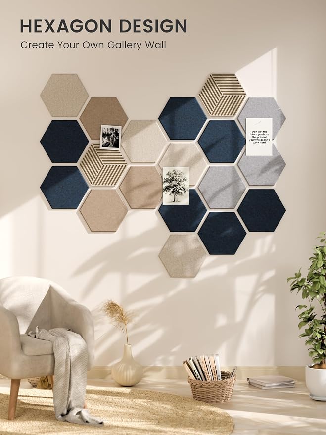 Fluxynara 10-Pack Hexagon Cork Board Alternative, Nordic Slate | Felt Bulletin Board with 50 Adhesive Tabs, Ideal for Vision Boards and Wall Decor in Homes, Offices, Classrooms, and Dorms