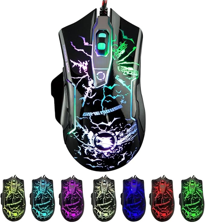 RGB Light up Wired Gaming Mouse M728 for Computer - Durable USB Led Laptop Mice w/7 Color Backlit, 4 Adjust DPI Up to 3200 for Gaming, Silent & Stable PC Corded Mouse for Mac MacBook Windows Linux PS4