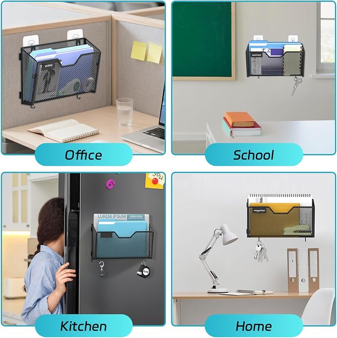 6-Pack Magnetic File Holder with Hooks and Label Panels, Black | Magnetic File Folder Holder for Whiteboards, Lockers and Cabinets with 6 Letter-Size Pockets, Label Panels and 8 Hooks