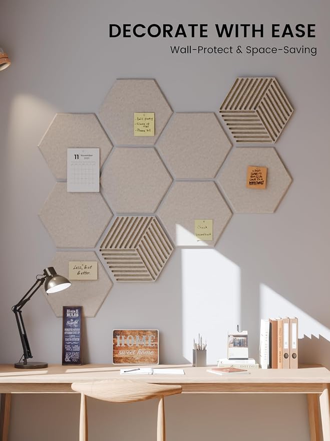 Fluxynara 10-Pack Hexagon Felt Bulletin Board Tiles, Oatmeal | Cork Board Alternative for Wall Decor and Vision Boards, with 50 Adhesive Tabs for Home, Office, Classroom or Dorm.