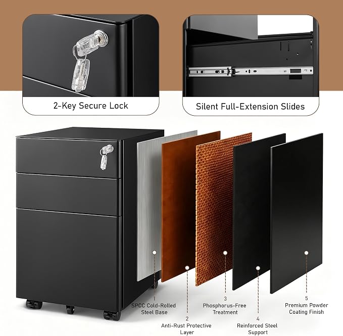 Approgreent Fully Assembled 3 Drawer File Cabinets for Home Office | Lockable Mobile Filing Cabinet with Anti-tipping Wheels, Fits A4, Letter & Legal Size Files & Folders, Matte Black