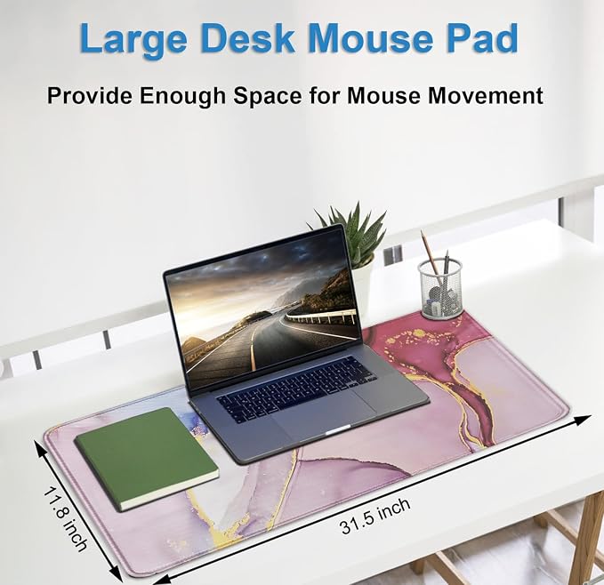 Extra Large Mouse Pad 31.5 x 11.8 in, Gaming Mousepad with Stitched Edges, Premium Microfiber Cloth Surface, Waterproof Non-Slip Base Keyboard Desk Mat for Home Office Gaming, Marble Pink