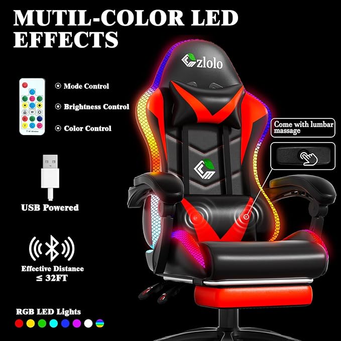 Gaming Chair, RGB LED Lights Computer Chair with Footrest, Lumbar Support Massager Gamer Chair, High Back, 90-135° Reclining, Linkage Armrests, Red
