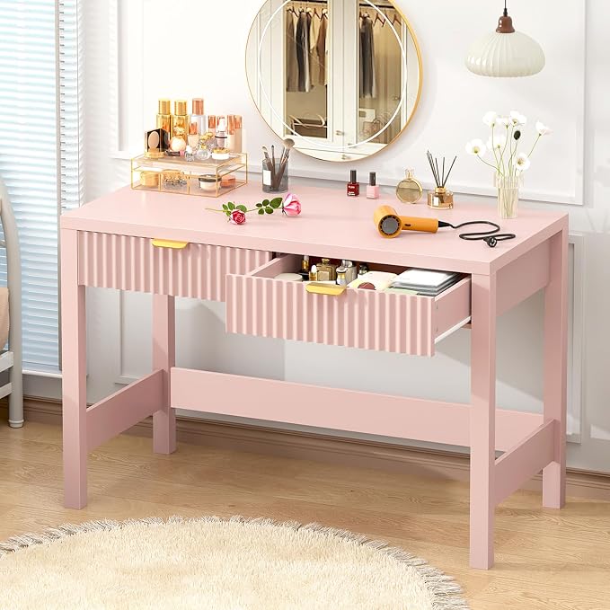 39 Inch Small Fluted Computer Desk with 2 Drawers for Bedroom, Home Office | Small Computer Desk with Storage, Compact Writing Study Desk for Small Spaces, Blue