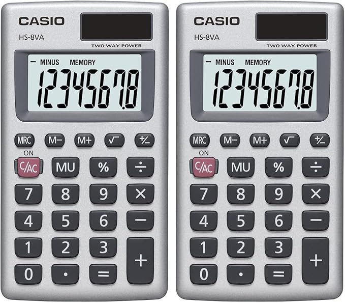 Casio HS-8VA Mini 6-Function Calculator | Large 8-Digit LCD Display | Solar Powered with Battery Backup - Standard Function - Portable Pocket Size (Pack of 2)