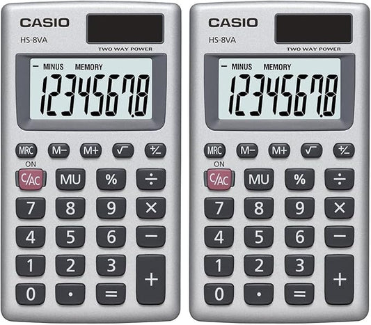 Casio HS-8VA Mini 6-Function Calculator | Large 8-Digit LCD Display | Solar Powered with Battery Backup - Standard Function - Portable Pocket Size (Pack of 2)
