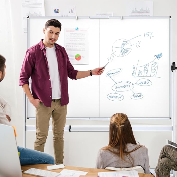 VIZ-PRO Rolling Whiteboard, 60" x 48" Mobile White Board with Stand | 5' x 4' Double-Sided Standing Magnetic Dry Erase Board on Wheels for School Office Home