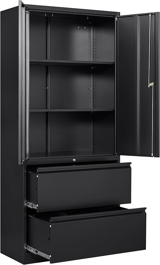 Black Metal Storage Cabinet with Drawers and Lock,Locking Steel Storage Cabinet with Doors and Shelves,71" Office File Cabinets for Home Office,Warehouse,Garage,School (Black, 2 Drawers)