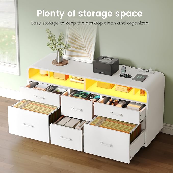SEDETA 6 Drawers File Cabinet with Power Strip fits Legal/Letter/A4 Size | 47" Wood Mobile Lateral Filing Cabinet for Home Office, Printer Stand with Storage Shelf and Led Lights, White