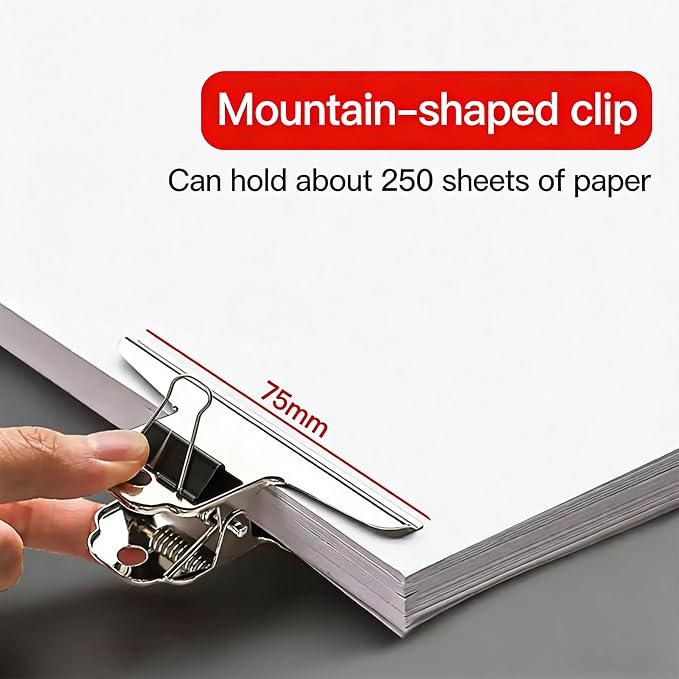Large Bull Paper Clips, 2.95 Inch - 24 Pack, Silver, 75 mm, Stainless Steel Mountain Binder Clips - Heavy Duty Square Metal File Clamps for Home Office School Supplies