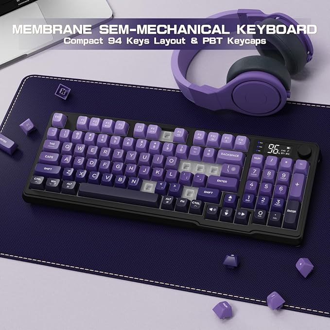 LexonElec M96 Wireless Keyboard, Low Profile Quiet Typing Membrane Gaming Keyboard with Smart Display & Knob, RGB Backlit, USB C Rechargeable, 94 Keys PBT Keycap for Windows PC,Mac,Linux-Grape Purple
