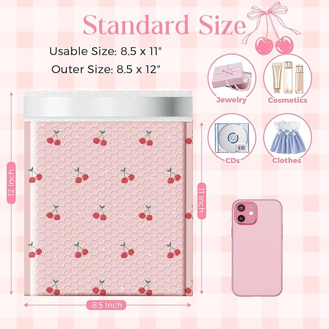 METRONIC Bubble Mailers 8.5x11" 40 Pack Cherry Cute Padded Envelopes Strong Adhesion Medium Mailing Bubble Envelopes for Small Business Shipping Books Clothes Pink