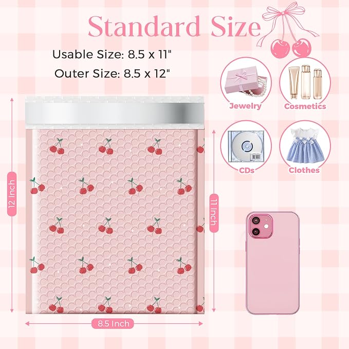 METRONIC Bubble Mailers 8.5x12" 40 Pack Cherry Cute Padded Envelopes Pink | Usable Size 8.5x11 Strong Adhesion Mailing Bubble Envelopes for Small Business Padded Mailers for Shipping Jewelry, Books