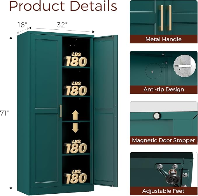 71" Tall Metal Kitchen Pantry Cabinet, Storage Cabinet with Doors | Kitchen Cabinet with 4 Adjustable Shelves, Tall Food Pantry Cabinet, Green Cupboard for Kitchen, Dining Room, Garage & Office